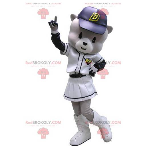 Mascote urso cinza e branco com roupa de beisebol -