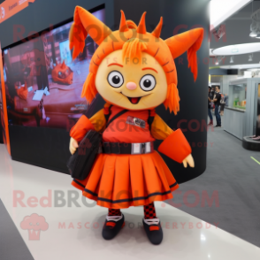 Orange Vampire mascot costume character dressed with a Skirt and Backpacks