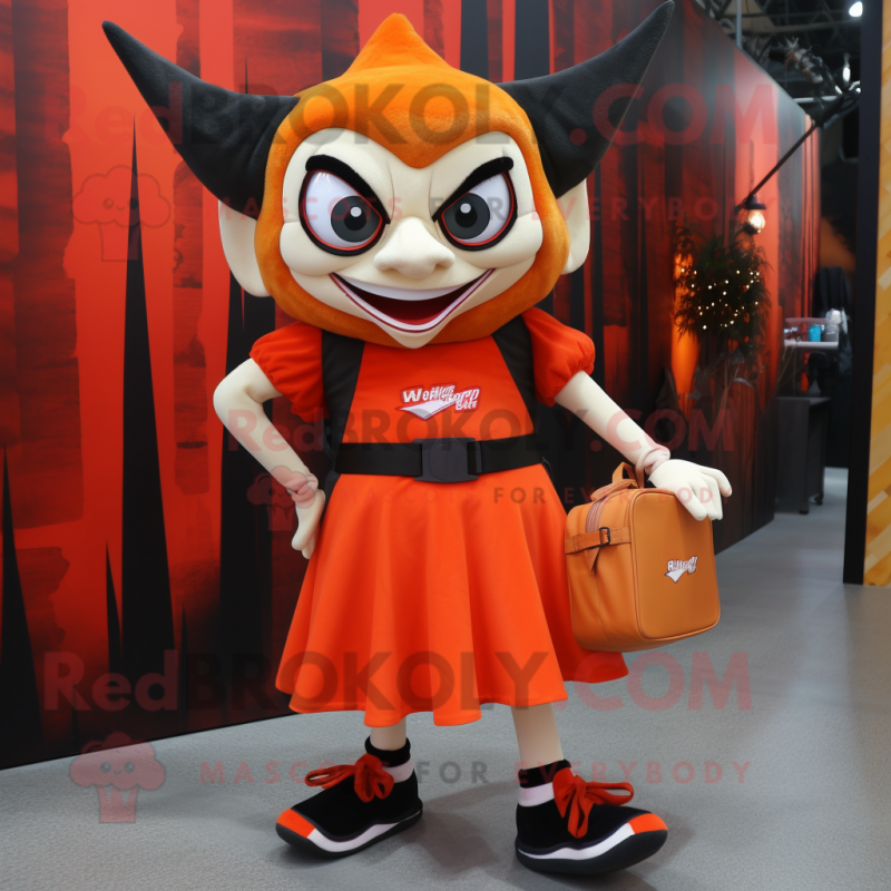 Orange Vampire mascot costume character dressed with a Skirt and Backpacks