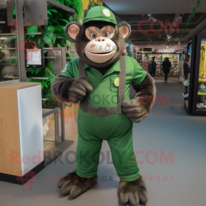 Forest Green Chimpanzee mascot costume character dressed with a Overalls and Bracelet watches