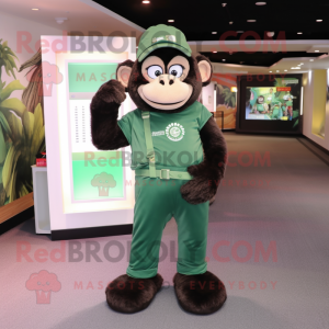 Forest Green Chimpanzee mascot costume character dressed with a Overalls and Bracelet watches