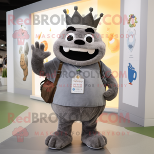 Gray King mascot costume character dressed with a Dungarees and Messenger bags