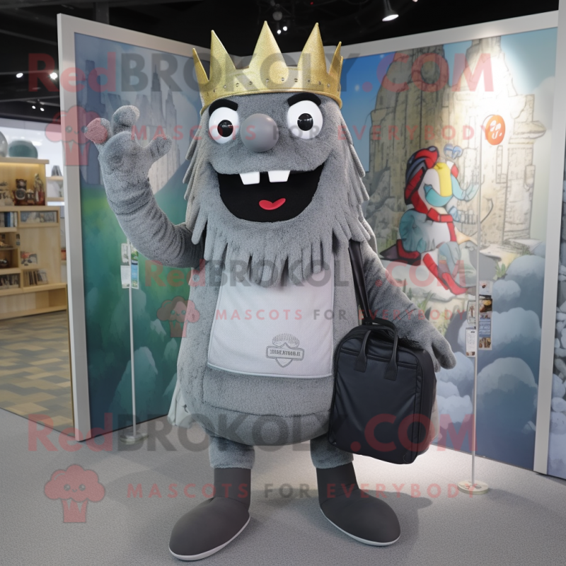 Gray King mascot costume character dressed with a Dungarees and Messenger bags