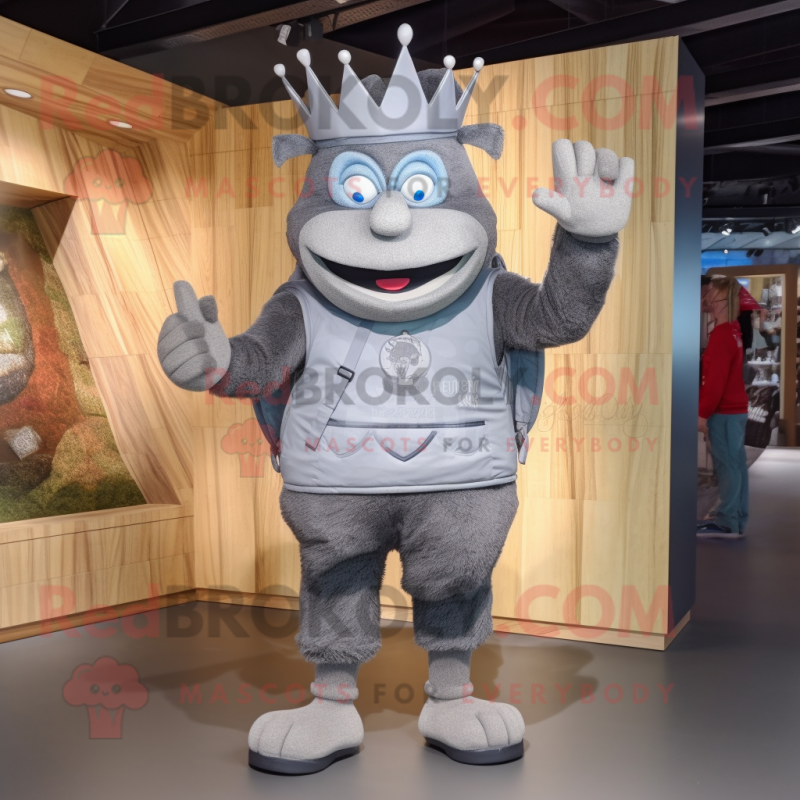 Gray King mascot costume character dressed with a Dungarees and Messenger bags Gray King mascot costume character dressed with a Dungarees and Messenger bags