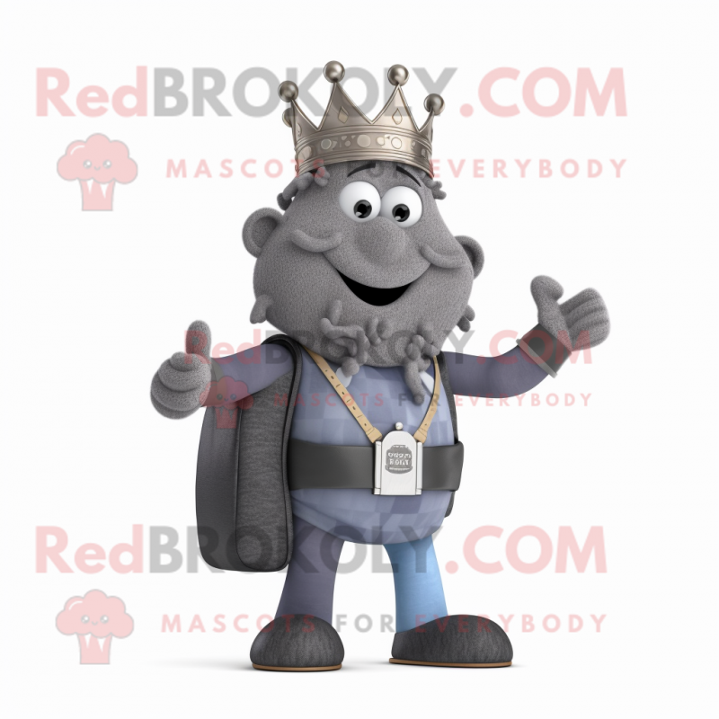 Gray King mascot costume character dressed with a Dungarees and Messenger bags Gray King mascot costume character dressed with a Dungarees and Messenger bags