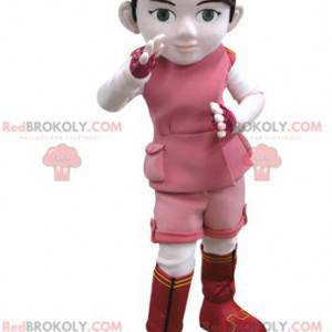 Mascotte de fille en tenue rose et blanche - Redbrokoly.com