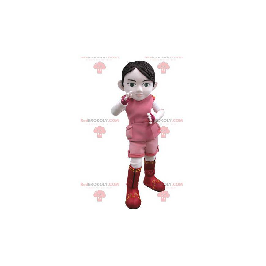 Mascotte de fille en tenue rose et blanche - Redbrokoly.com