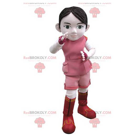 Mascotte de fille en tenue rose et blanche - Redbrokoly.com