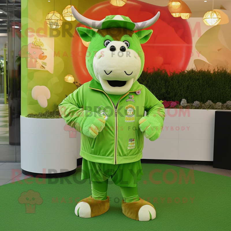 Lime Green Beef Stroganoff mascot costume character dressed with a Jacket and Coin purses Lime Green Beef Stroganoff mascot costume character dressed with a Jacket and Coin purses
