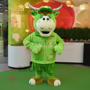 Lime Green Beef Stroganoff mascot costume character dressed with a Jacket and Coin purses