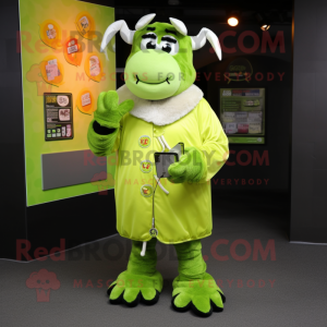 Lime Green Beef Stroganoff mascot costume character dressed with a Jacket and Coin purses