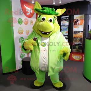 Lime Green Beef Stroganoff mascot costume character dressed with a Jacket and Coin purses