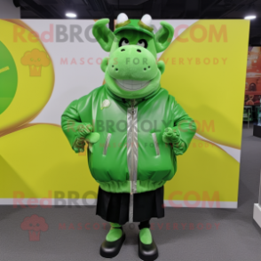 Lime Green Beef Stroganoff mascot costume character dressed with a Jacket and Coin purses