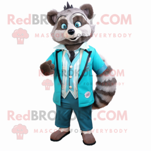 Turquoise Raccoon mascot costume character dressed with a Waistcoat and Pocket squares