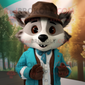 Turquoise Raccoon mascot costume character dressed with a Waistcoat and Pocket squares