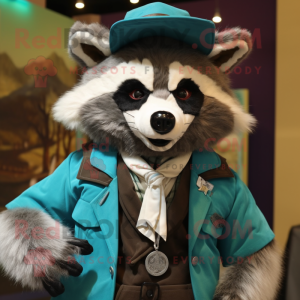 Turquoise Raccoon mascot costume character dressed with a Waistcoat and Pocket squares