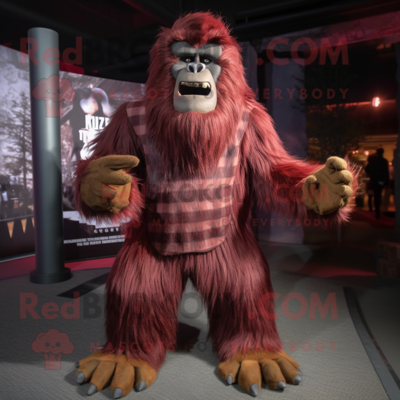 Maroon Sasquatch mascot costume character dressed with a Flannel Shirt and Scarves Maroon Sasquatch mascot costume character dressed with a Flannel Shirt and Scarves