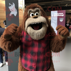 Maroon Sasquatch mascot costume character dressed with a Flannel Shirt and Scarves
