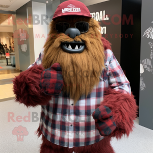 Maroon Sasquatch mascot costume character dressed with a Flannel Shirt and Scarves