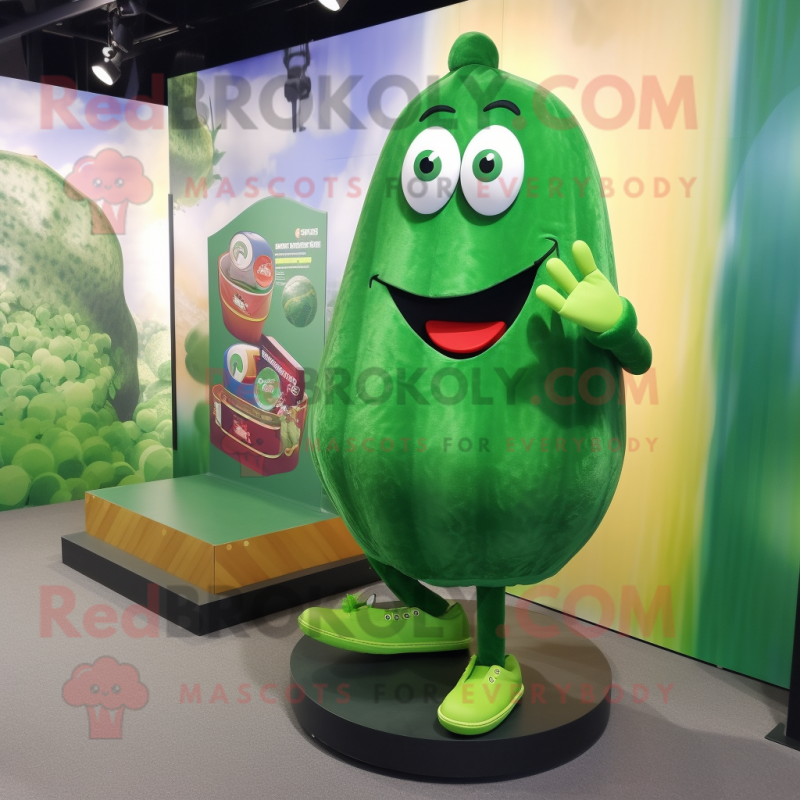 Forest Green Cucumber mascot costume character dressed with a Graphic Tee and Shoe clips Forest Green Cucumber mascot costume character dressed with a Graphic Tee and Shoe clips
