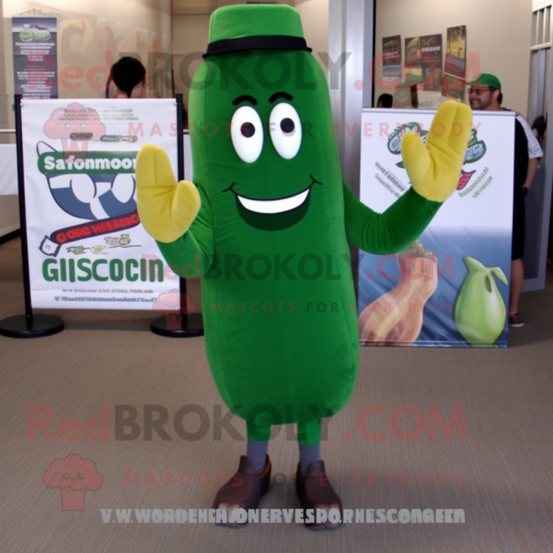 Forest Green Cucumber mascot costume character dressed with a Graphic Tee and Shoe clips Forest Green Cucumber mascot costume character dressed with a Graphic Tee and Shoe clips