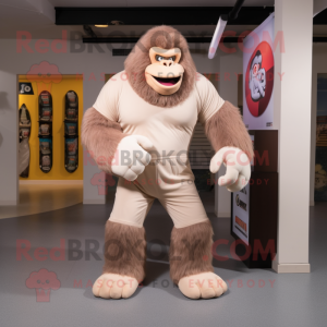Beige Gorilla mascot costume character dressed with a Capri Pants and Foot pads
