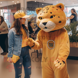 Gold Jaguar mascot costume character dressed with a Mom Jeans and Berets