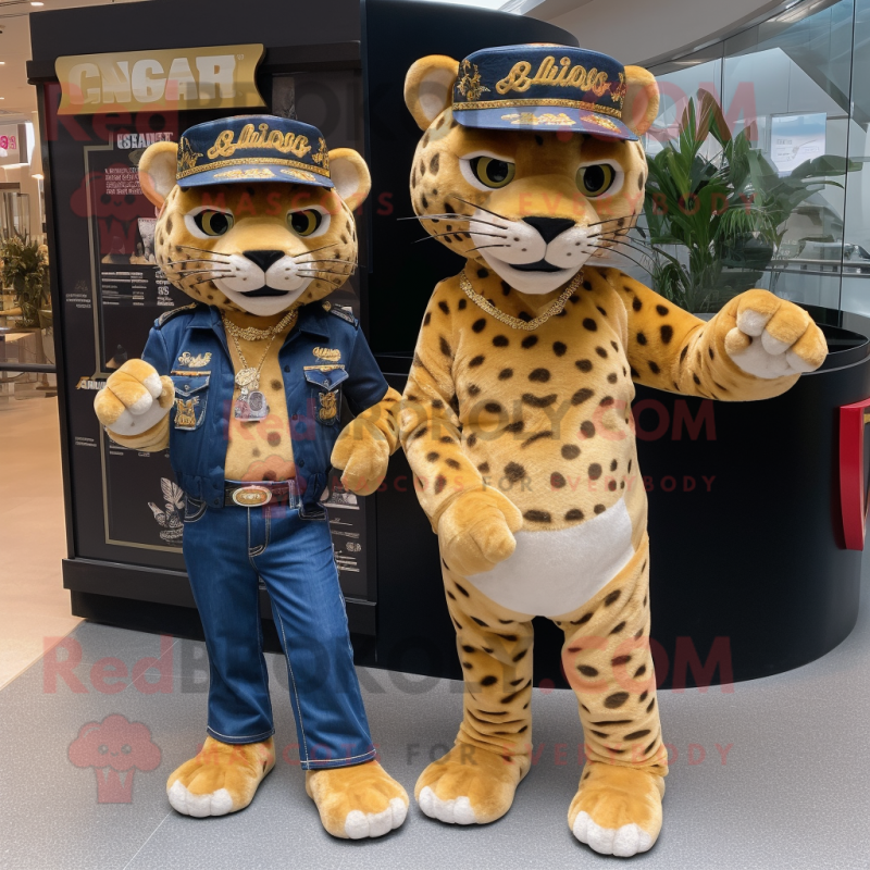 Gold Jaguar mascot costume character dressed with a Mom Jeans and Berets