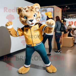 Gold Jaguar mascot costume character dressed with a Mom Jeans and Berets