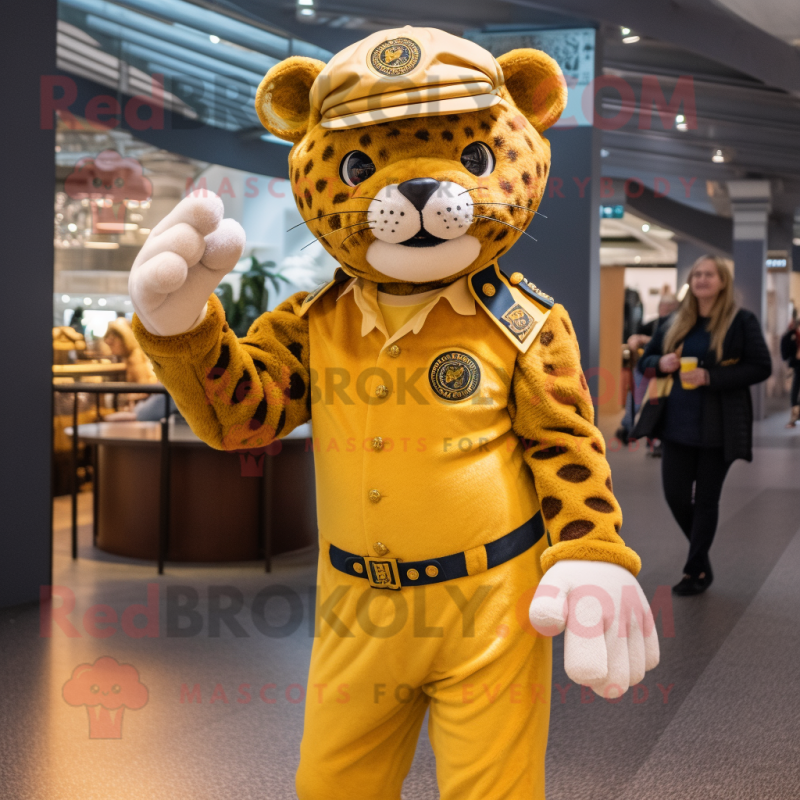 Gold Jaguar mascot costume character dressed with a Mom Jeans and Berets