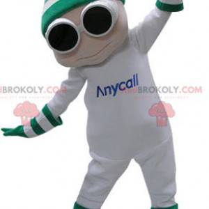 Mascotte de bonhomme blanc avec des lunettes et un bonnet -