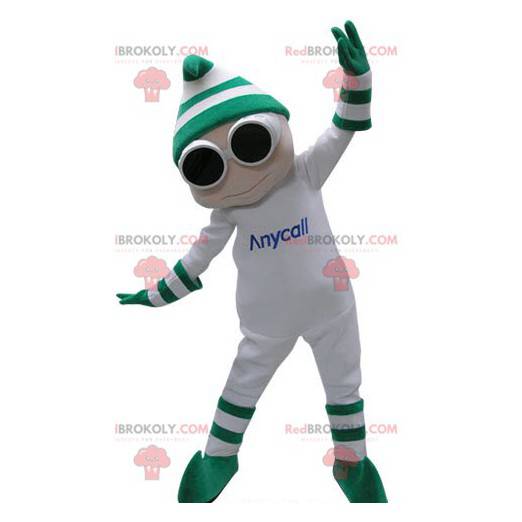 Mascote do boneco de neve branco com óculos e boné -