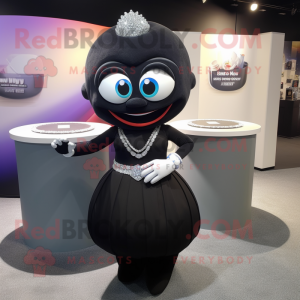 Black Engagement Ring mascot costume character dressed with a Pencil Skirt and Headbands