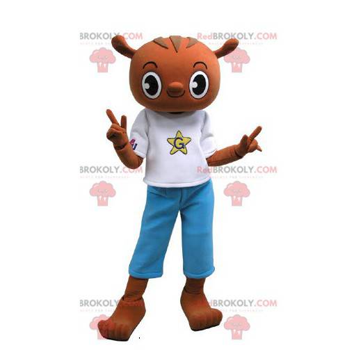 Brown teddy bear mascot with a blue and white outfit -