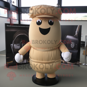 Beige Human Cannon Ball mascot costume character dressed with a Vest and Beanies
