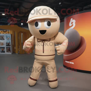 Beige Human Cannon Ball mascot costume character dressed with a Vest and Beanies