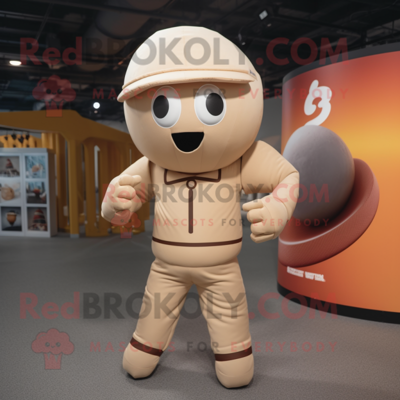 Beige Human Cannon Ball mascot costume character dressed with a Vest and Beanies Beige Human Cannon Ball mascot costume character dressed with a Vest and Beanies