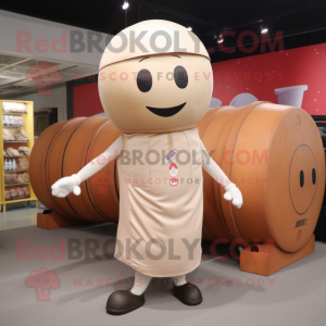 Beige Human Cannon Ball mascot costume character dressed with a Vest and Beanies