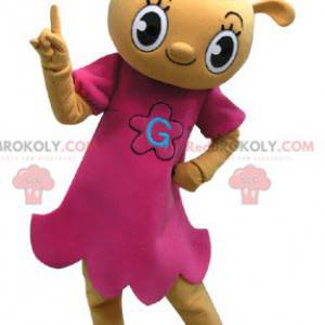 Yellow teddy bear mascot dressed in a pink dress -