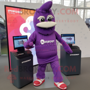 Purple Computer mascot costume character dressed with a Joggers and Anklets