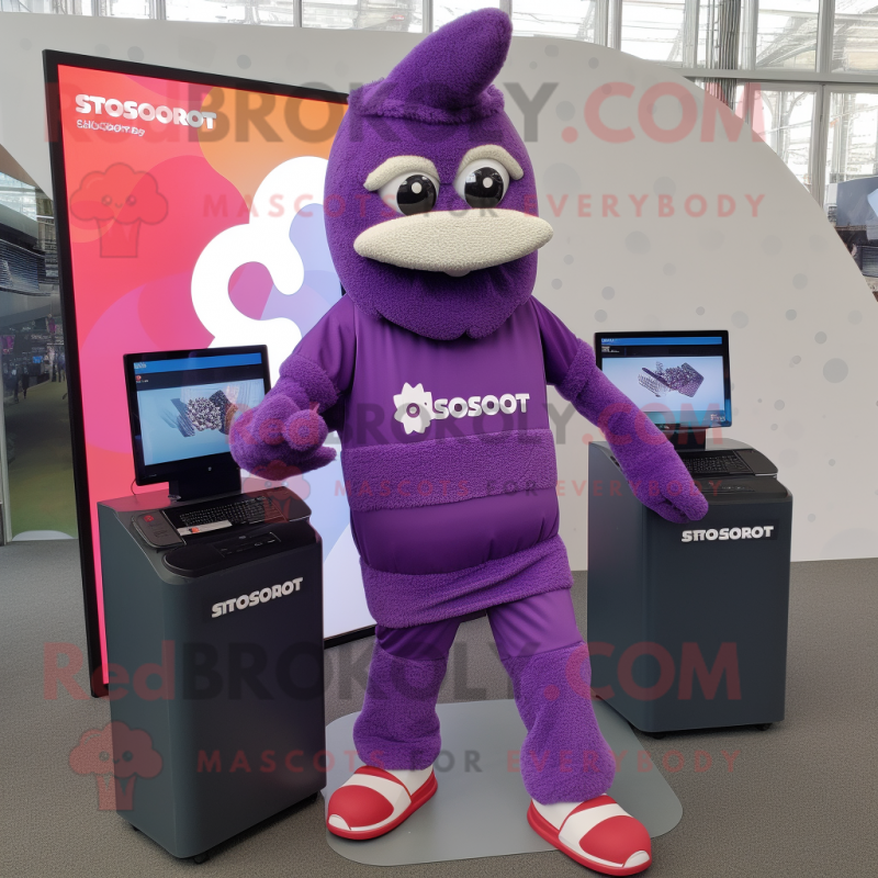 Purple Computer mascot costume character dressed with a Joggers and Anklets