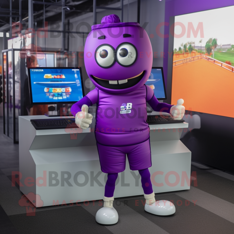 Purple Computer mascot costume character dressed with a Joggers and Anklets