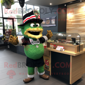 Forest Green Tacos mascot costume character dressed with a Rugby Shirt and Bracelet watches