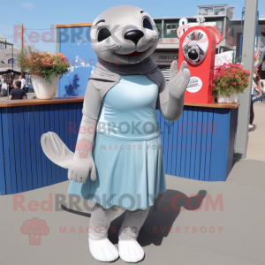 Silver Sea Lion mascot costume character dressed with a Mini Dress and Shoe laces