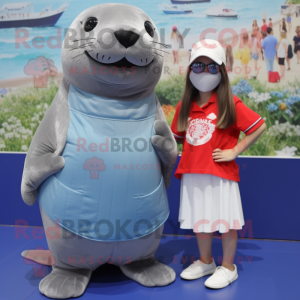 Silver Sea Lion mascot costume character dressed with a Mini Dress and Shoe laces