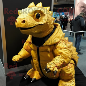 Gold Ankylosaurus mascot costume character dressed with a Coat and Wraps
