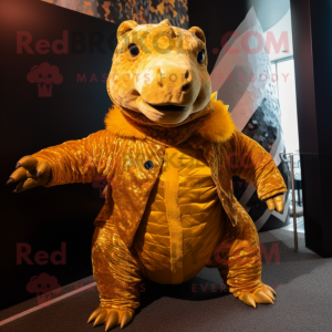 Gold Ankylosaurus mascot costume character dressed with a Coat and Wraps