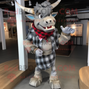 Silver Minotaur mascot costume character dressed with a Flannel Shirt and Scarf clips