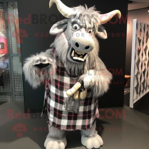 Silver Minotaur mascot costume character dressed with a Flannel Shirt and Scarf clips