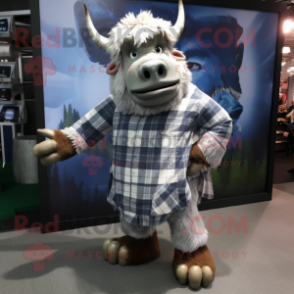 Silver Minotaur mascot costume character dressed with a Flannel Shirt and Scarf clips